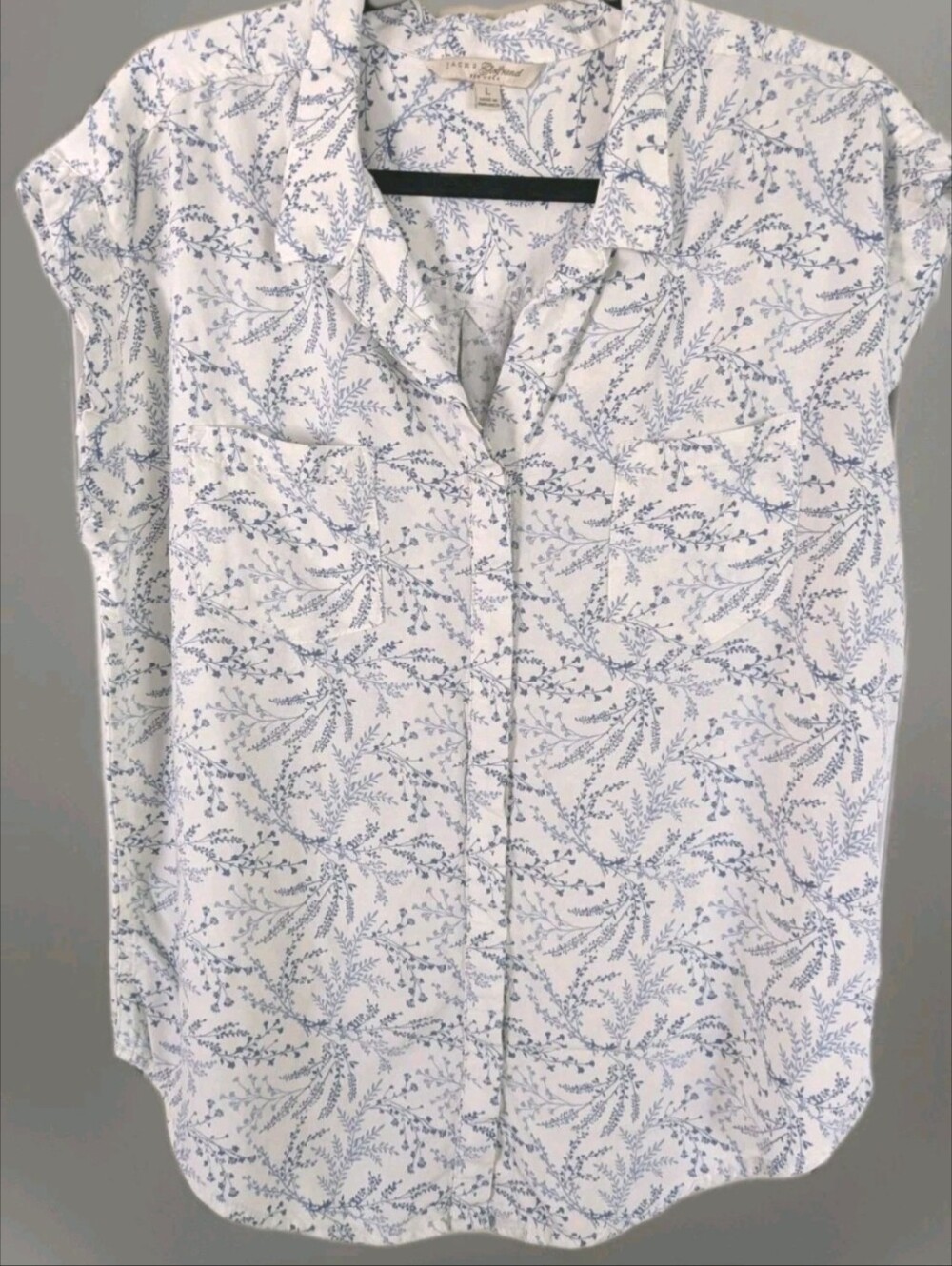Jachs Girlfriend Womans L Placket Button Up Blouse Rayon Blue Ivory Boho Floral - Picture 2 of 5